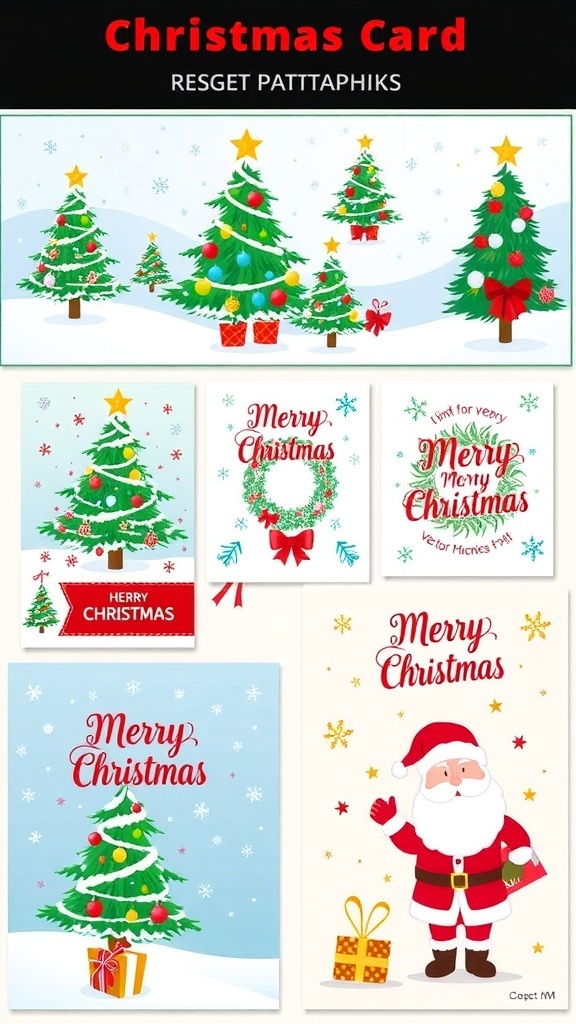 A collection of colorful Christmas card vector graphics including trees, snowflakes, and Santa Claus.